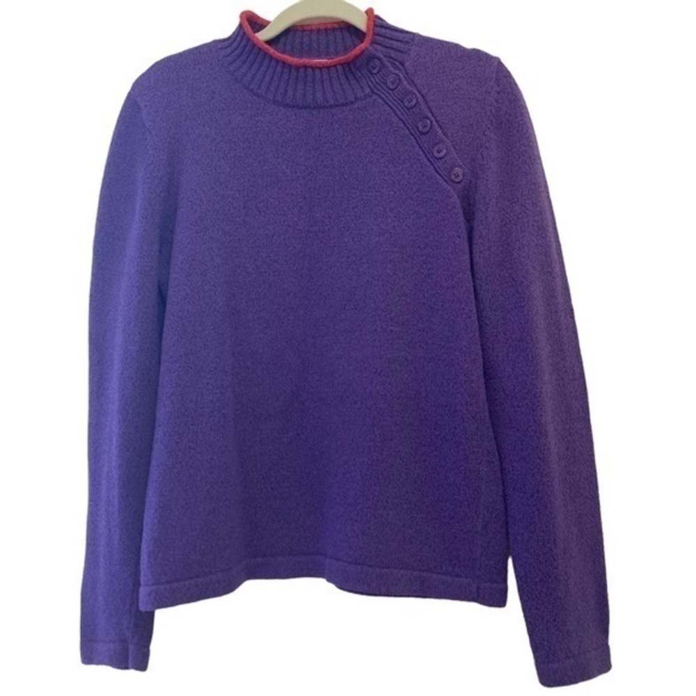 Orvis Women’s Purple Mock Neck Side Buttoned Sweater Size Medium With A Red Trim